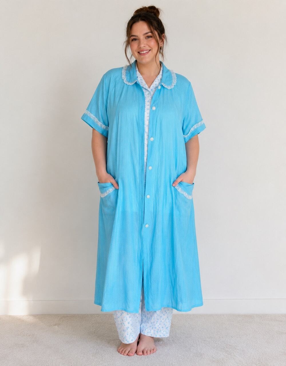 Vintage Fashions by Marilyn NY Blue Button Night Dress 44"L Size 1X 1960-70s